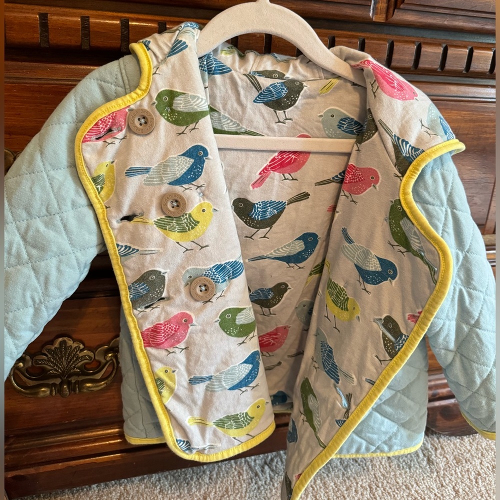 Reversible, baby Boden quilted jacket with bird print